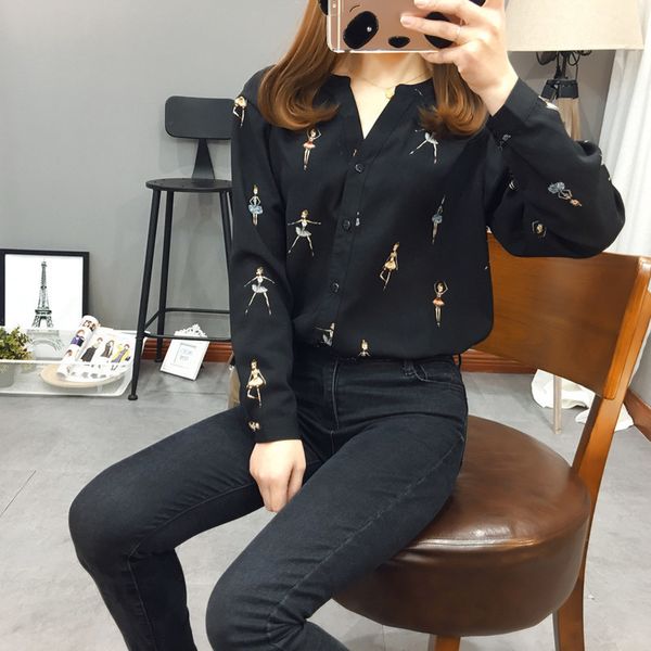 

new 2020 fashion ballerina print chiffon shirt for spring slim long sleeve with buttons women blouses shirt black white
