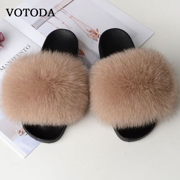 

women fur slippers real fox fur slides fluffy furry fur sandals woman home slippers ladies sweet cute fuzzy plush shoes y200706, Black