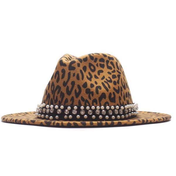 

winter autumn vintage men leopard wide brim wool fedora jazz hat with pearl ribbon hats for women elegant trilby cap, Blue;gray