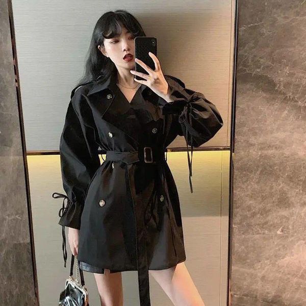 

2020 spring and autumn female trench coat long british wind tooling coat waist fashion leisure women's windbreaker, Tan;black