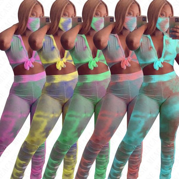 

with face mask women tracksuit color tie-dye t shirt bow crop and ruffled pants outfits 3pcs/sets outdoor sports suit new d71613, White