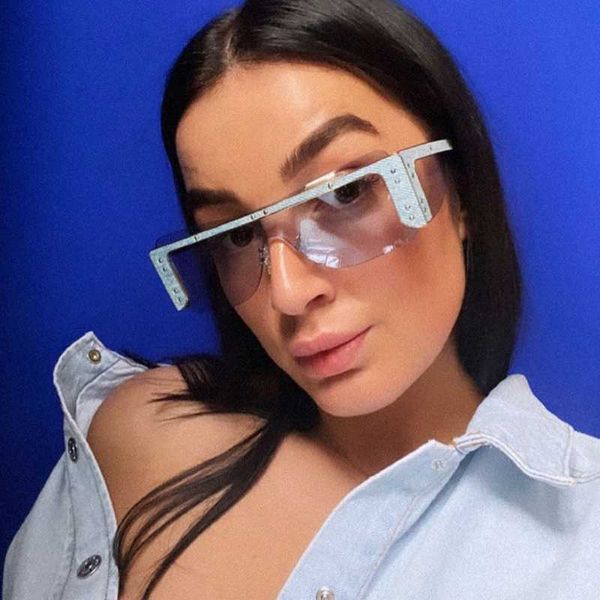 

2020 new fashion one piece black sunglasses for women vintage square flat rivet sun glasses men rimless uv400 punk shades nx, White;black