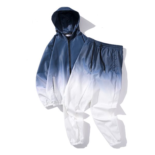 

new harajuku gradient tracksuit spring summer hooded two piece set loose casual windbreaker jacket and pants suit men and women, Gray