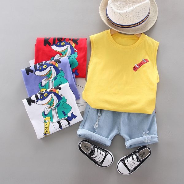 

children's wear new children's clothing vest 23456-year-old cartoon casual printing skateboard shark vest two-piece set