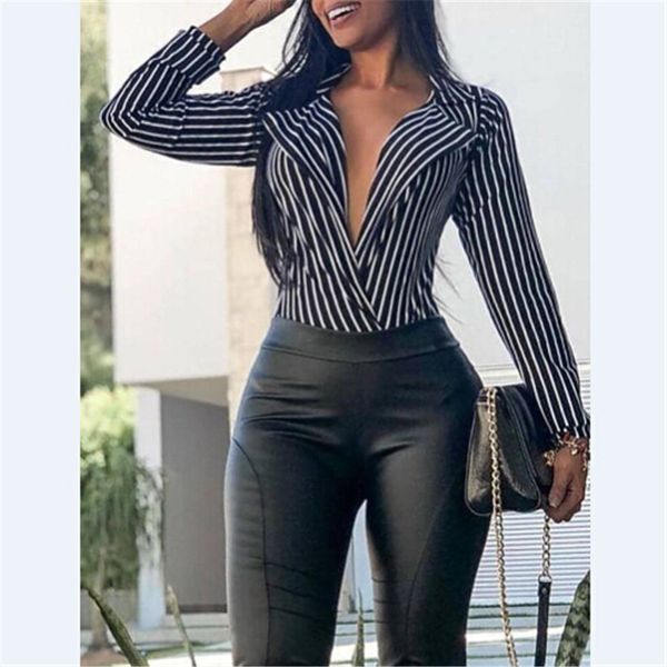

casual women long sleeve striped shirt autumn ladies turn down collar deep-v neck blouse vintage elegant shirt, White