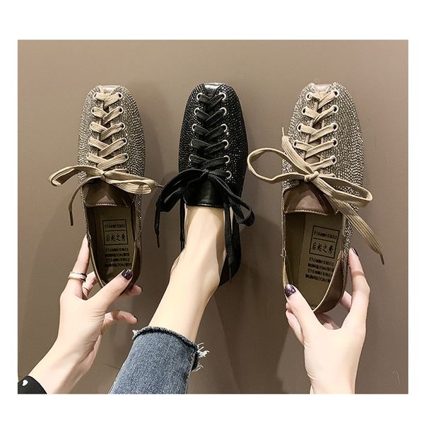

ngouxm women boat shoes new 2020 summer ballet shoes woman flats round toe bling crystal breathable women's loafer, Black