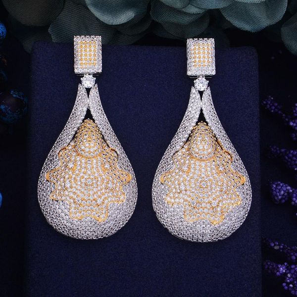 

godki 65mm luxury trendy water drop cubic zirconia naija wedding party earring fashion jewelry for women, Silver