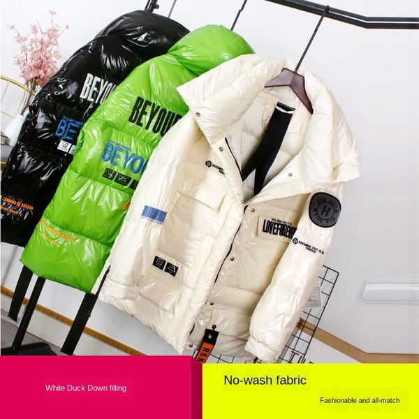 

evyra off-season new women's mid-length stand collar thickened korean style jacket down jacket large size casual bright face wash-white, Black