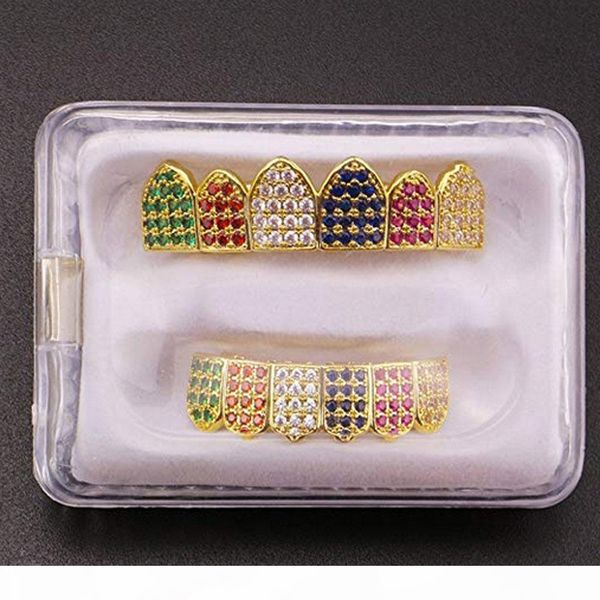

l colorful grillz set gold plated cz crystal teeth dental grill bling gold teeth grillz bottom grills, Black