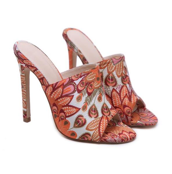 

plus size 35 to 40 41 42 orange floral printed phoenix slip on mules high heels shoes cs02, Black