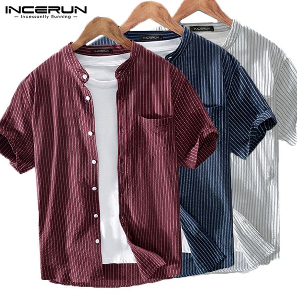 

incerun short sleeve striped shirt men casual stand collar breathable summer brand shirts streetwear button cotton 2020 camisas, White;black