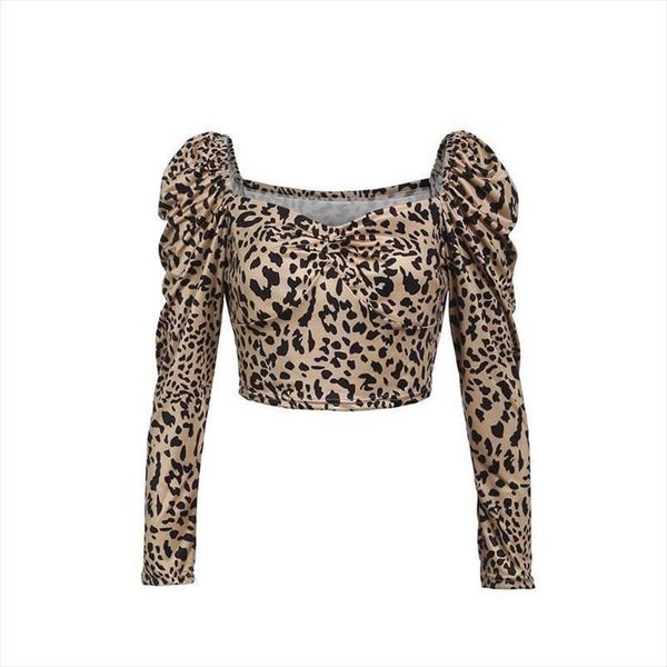 

puff sleeve new women long sleeve vintage leopard print t shirts vogue female ladies square collar short t shirt clothes tshirt, White