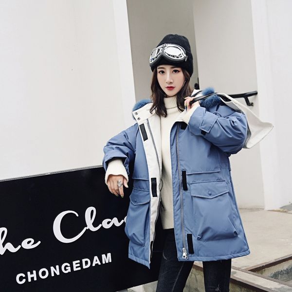 

women's 2020 new fox jacket down jacketwinter down jacket fur collar mid-length online celebrity winter coat women's fashion, Black