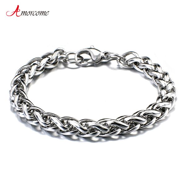

amorcome women men bracelet stainless steel link chain bracelet for men 2020 fashion charm jewelry gifts for boyfriend, Black