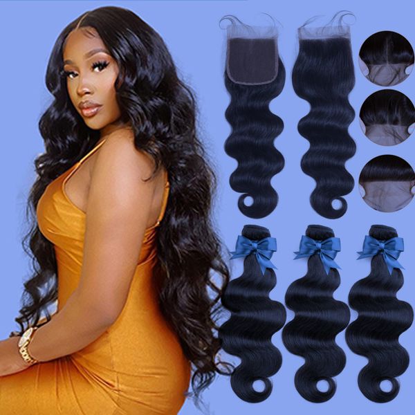 

human hair bundles with closure brazilian body wave hair weave 3 pcs bundles with lace closure, Black