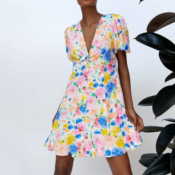 

elina prairie chic v neck mini dresses women fashion floral printed dress women elegant short sleeve dresses female ladies gh, Black;gray
