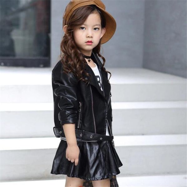 

girls coat children's pu jacket kid outwear solid color zipper belt long sleeve casual girls motorcycle jacket spring 2020 fashion new, Blue;gray