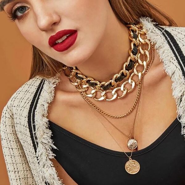 

shixin punk separable layered choker necklace for women gothic cuban link chain chunky necklace statement necklaces coin pendant, Silver