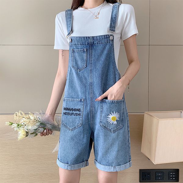 

women's jumpsuits & rompers summer 2021 sweet college style little daisy alphabet denim straps shorts casual loose multi-pocket suspend, Black;white