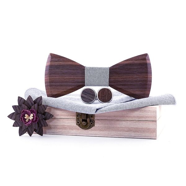 

bow tie manual wooden bow tie handkerchief set men's bowtie grey color wood hollow carved and box men's ties wedding party, Black;gray
