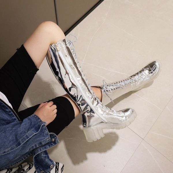 

new autumn platform knee high boots women zipper square high heel long boots cross-tied round toe shoes ladies white size 33-43, Black