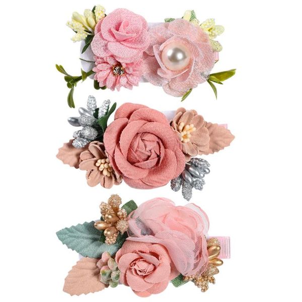 

3pcs/lot 3''children rose hair clips artificial mesh flower pearl hairpins for baby girls sweet hairgrips wedding accessories, Slivery;white
