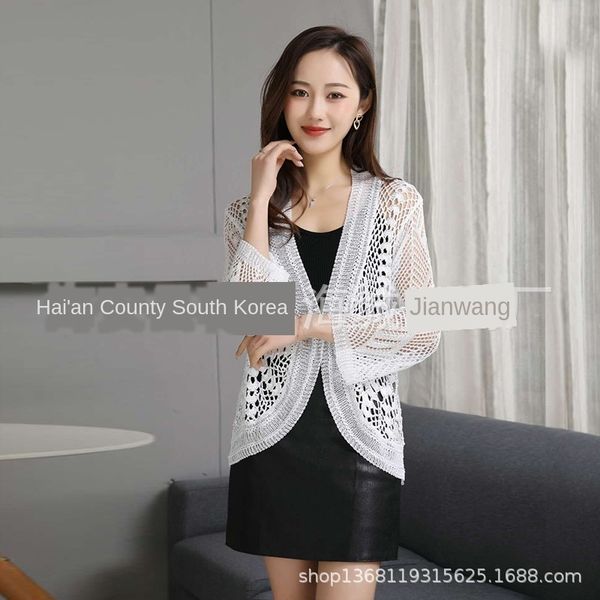 

new hollowed-out hand-lined cardigan solid color hand-made crochet shawl air conditioning shirt shawl shirt air conditioning blouse, Blue;gray