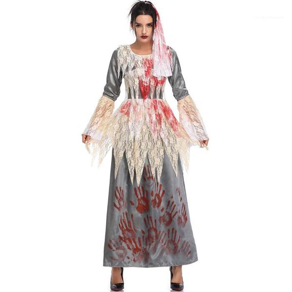 

women cosplay fashion costume womens vampire ghost bride dress woman halloween lace patchwork flare sleeve dresses, Black;red