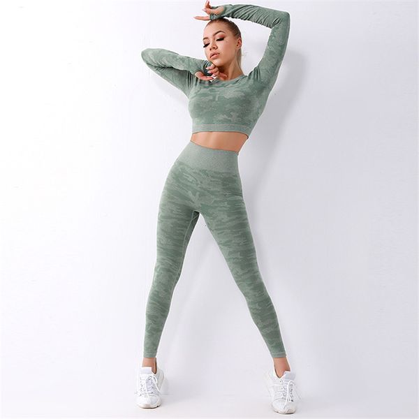 

yoga outfits seamless set sportswear women fitness clothing booty gym leggings+long sleeve crop sport suit workout clothes 2pcs camo, White;red