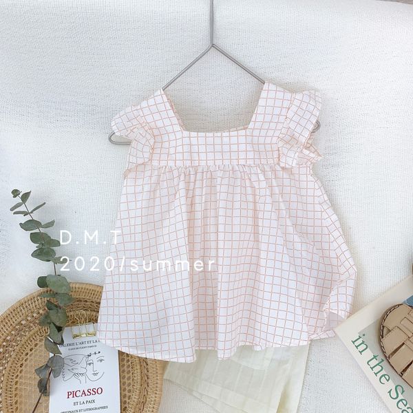 

size 80-120 korean children lace 2020 new girls' cute plaid lace sleeveless top, Blue