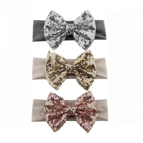 

infantile girls big sequin bow headbands for kids 2020 solid elastic hair band large gold glitter hair bow accessories, Slivery;white