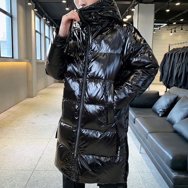 

winter new trendy mid-length down jacket men's loose light-sensitive bright hooded warm white duck down jacket, Black