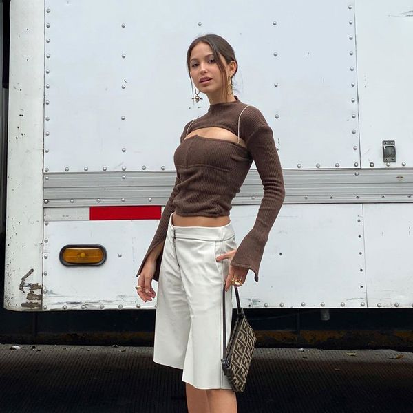 

featured two-piece fashion beading dew shoulder sling +half a turtleneck shoulderpad flare sleeve long sleeve, White
