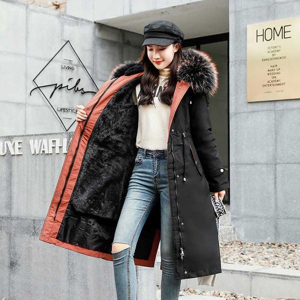 

women's winter jacket x-long wool liner slim parkas woman plus size solid hooded with fur collar thick casual female cold coat, Black