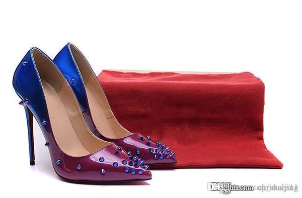 

purple and blue tapered loose with spikes red bottom high heels women shoes 12cm high heel ladies female shoes low footwear pumps, Black