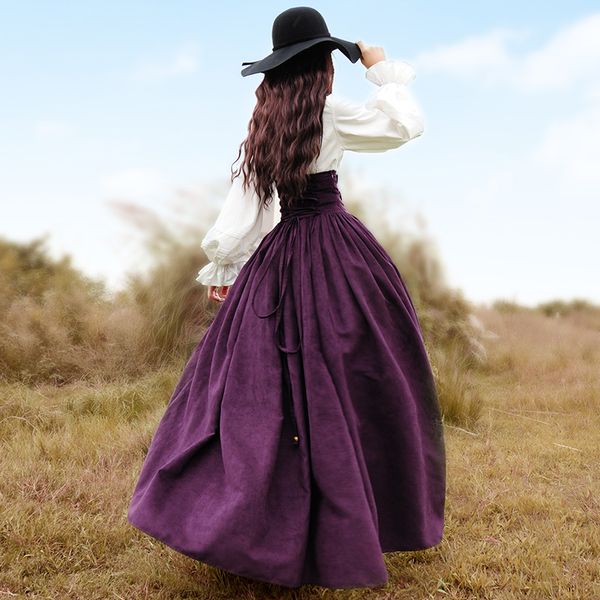 

original design spring women vintage elegant europe royal elastic high waist maxi lace-up flock suede long skirt, Black