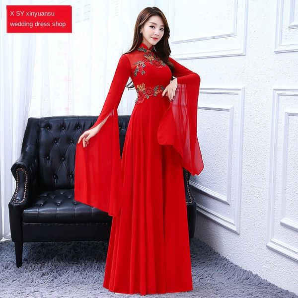 

новый этап платье этапа шифона cheongsam вышитых одежд производительности одежда хозяин рукав сбрасывая элегантное красное платье, Black;red