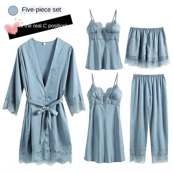 

five-piece suit pajamas female home clothes sling ice silk sling nightdress suit thin lace lace breast pad home clothes, Blue;red