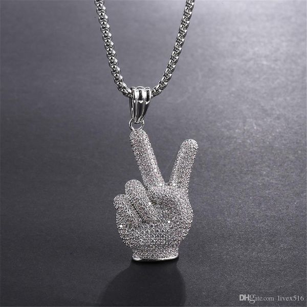 

hip hop iced out silver plated finger pendant necklace with 24inch box chain mens charm jewelry