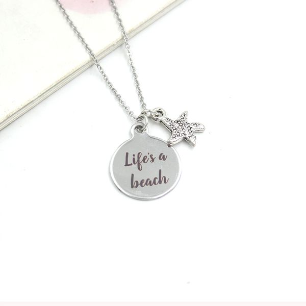 

new arrival wholesale stainless steel chain necklace starfish necklace life is a beach charms pendant necklace for young girls, Silver