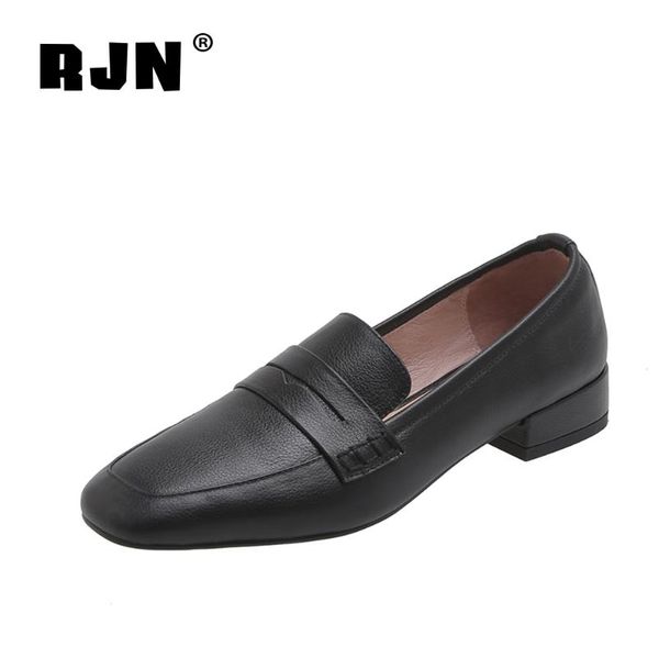 

rjn new elegant pumps classic low-heel square toe handmade genuine leather women shoes autumn pumps white ro234, Black