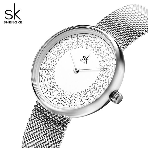 

shengke women's watch luxury silver stainless steel ladies watch women fashion waterproof female clock women, Slivery;brown