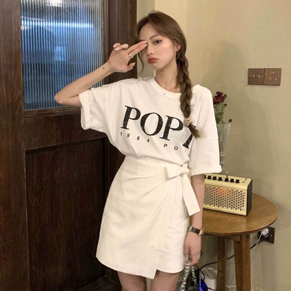 

bxo46 internet celebrity age-reducing suit 2020 summer women's new short-sleeved printed t-shirt + lace-up korean style lace skirt lace, Gray