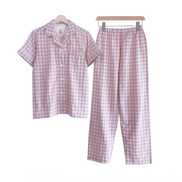

s0fim non-printing japanese double-layer yarn home clothes good trousers pajamas clothing pajamas products four seasons new plaid short-slee, Blue;red