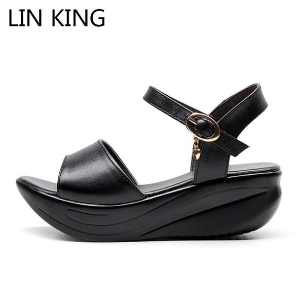 

lin king new women sandals big size height increasing summer mother swing shoes buckle female leather sandals girls beach shoes, Black