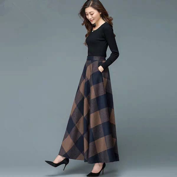 

womens autumn winter loose printed high waist skirt female casual pleated large swing plaid skirt ankle length, Black