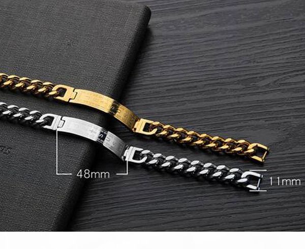 

a 11mm men 18k gold plating id cuban bracelets 316l stainless steel jesus cross pattern men women hip hop bracelet jewelry gift, Black