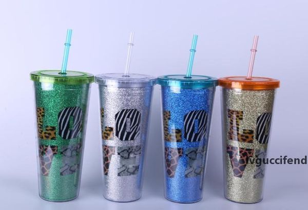 

the latest 24oz creative universal flashing powder solid color straw cup with double lid plastic cup, support for custom logo
