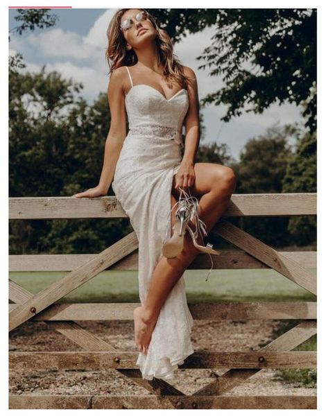 

2021 summer beach sexy свадебные платья 2 шт высокого щелевая бретельках кружева русалка свадебные платья сшитое плюс размер, White