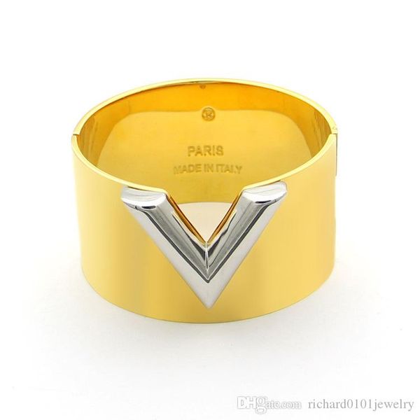 

luxury designer jewelry women bracelets hip hop gold bangles with letter v punk bracelets for men 3.8cm width fashion jewelry453, Black
